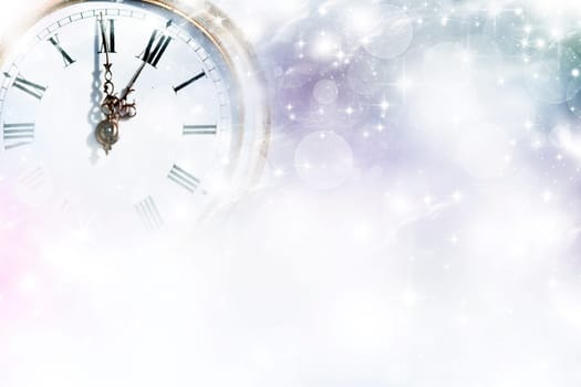 New Year's at midnight - Old golden clock with stars and snowflakes on the background