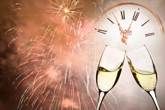 Glasses with champagne against holiday lights and clock close to midnight