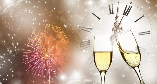 Glasses with champagne against fireworks and clock close to midnight