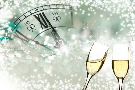 Glasses with champagne against fireworks and clock close to midnight