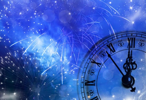 New Year's at midnight, fireworks and holiday lights