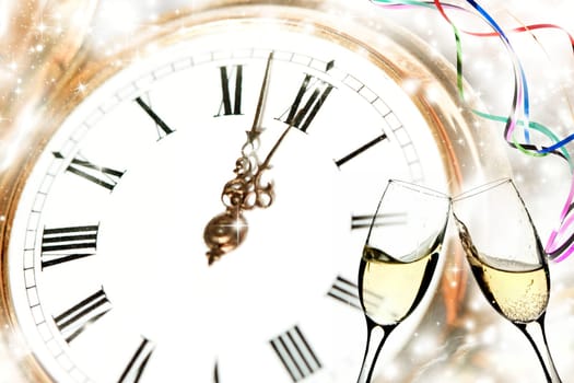 Glasses with champagne against holiday lights and clock close to midnight