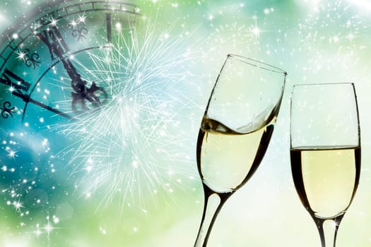 Glasses with champagne against fireworks and clock close to midnight