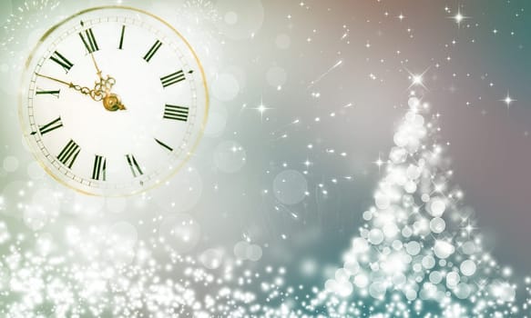 Christmas background with stars and snowy fir trees and clock close to midnight