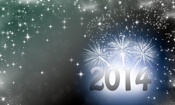 2014 written on abstract background with snowflakes stars and fireworks