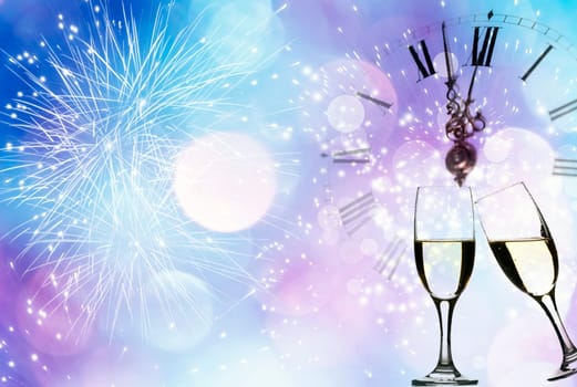 Glasses with champagne against fireworks and clock close to midnight