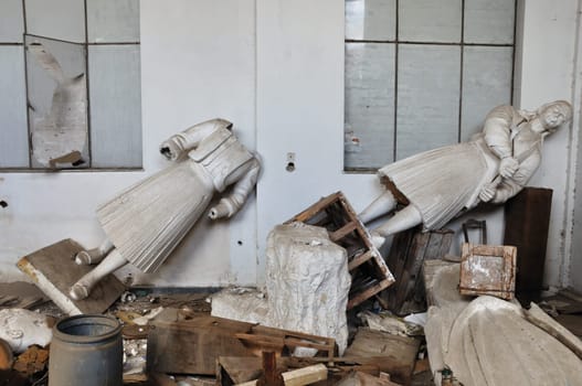 Broken statues heroic figures of the Greek War of Independence in the vandalized abandoned studio of sculptor Nikolas Pavlopoulos in Athens Greece, February 3, 2012.