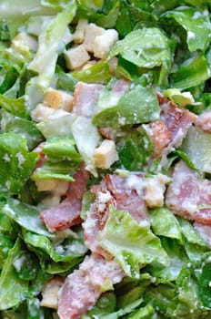 Caesar salad with lettuce, bacon and croutons. Food background.