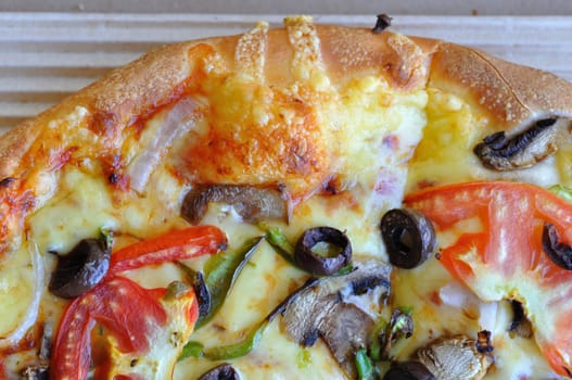 Vegetable pizza italian food background. Mushrooms, onions, tomato and olives.