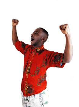A very happy African American young man raising his hands, for white.background..