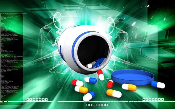 Digital illustration of capsule bottle in colour background