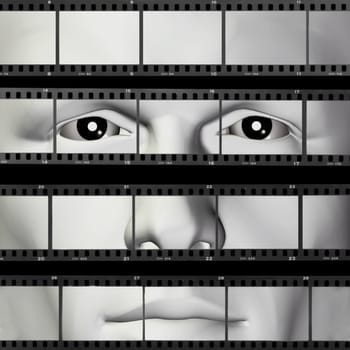 Man portrait on contact sheet filmstrip photo background. 3d illustration.