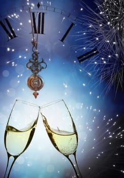 Glasses with champagne against fireworks and clock close to midnight