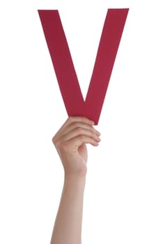 A Hand Holds a Red V, Isolated