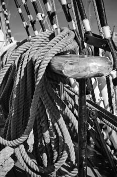 The ropes braided in bays on an ancient sailing vessel