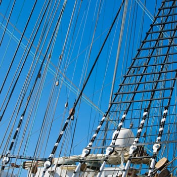 Blocks and rigging at the old sailboat, close-up