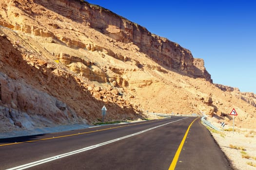 Road through Ramon crater in the Negev Desert in Israel