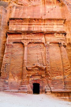Ancient tombs carved in the rock in Petra, Jordan