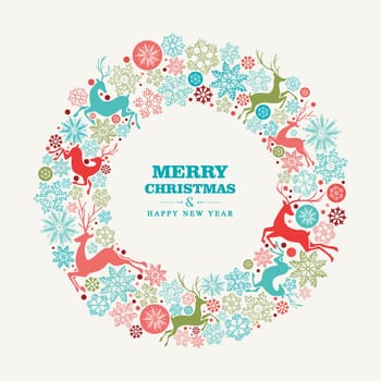 Merry Christmas and Happy New Year wreath shape greeting card background. EPS10 vector file organized in layers for easy editing.