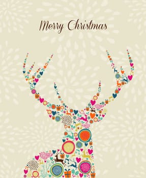 Vintage Christmas elements in reindeer shape over seamless pattern greeting card. EPS10 vector file organized in layers for easy editing.