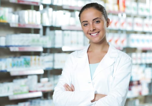 Environmental Portrait of a medical personnel, or doctor in pharmacy