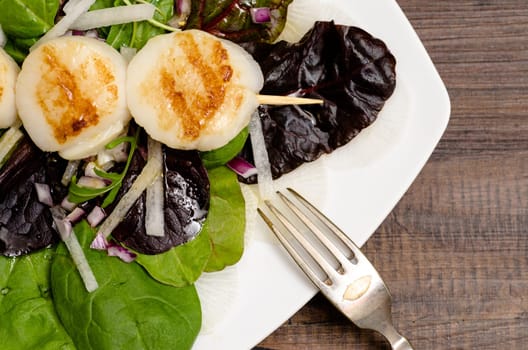 Green and red leaf salad with fried scallop