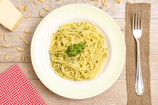 Spaghetti with pesto on a plate with a fork