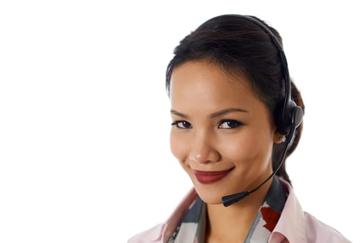 Young people, work and technology, portrait of happy Asian girl working as call center operator with headset, customer care representative, smiling at camera