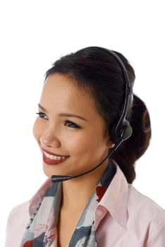 Young people, work and technology, portrait of happy Asian woman working as call center operator with headphones, helpline representative, smiling