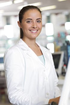Environmental Portrait of a medical personnel, or doctor in pharmacy