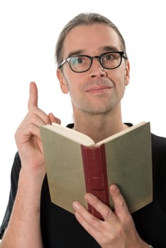 Man with a book raises his index finger