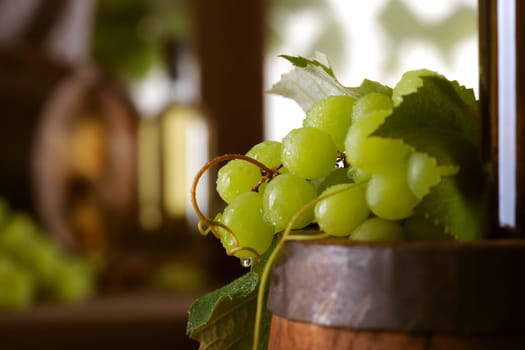 Grapes close up on wooden barrel
