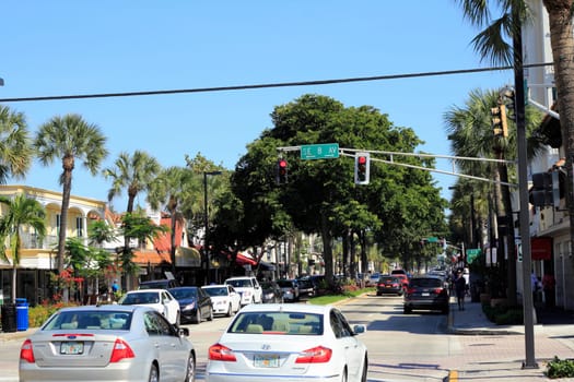 FORT LAUDERDALE, FLORIDA - FEBRUARY 3, 2013: Sunny daytime view of beautiful Las Olas Boulevard, a popular shopping, dining, entertainment and cultural district near downtown.