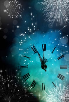 Old clock against fireworks and holiday lights