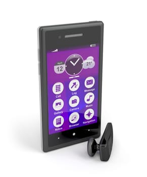 Smartphone and wireless handsfree device on white background