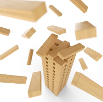 Wooden tower made of building blocks in motion 3
