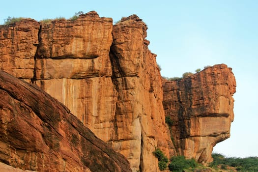 Hills abundant with red sandstone rocks at Badami, Karnataka, India, Asia
