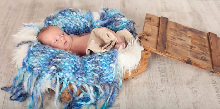 Newborn in rustic wooden box