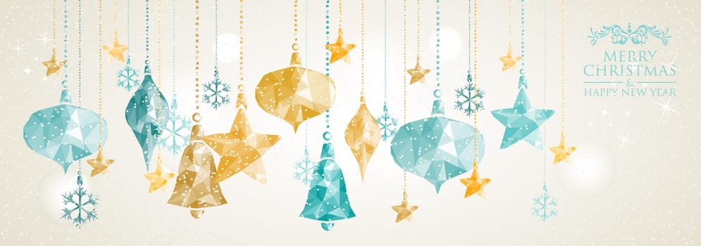 Christmas holiday greeting banner card hanging baubles triangles origami illustration. EPS10 vector file organized in layers for easy editing.