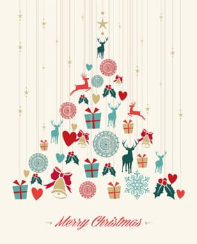 Vintage Christmas tree with hanging elements greeting card. EPS10 vector file organized in layers for easy editing.