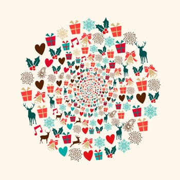 Vintage Christmas holiday colors elements circle mandala composition. EPS10 vector file organized in layers for easy editing.