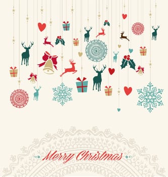 Merry Christmas holiday vintage hanging elements greeting card. Vector file organized in layers for easy editing.
