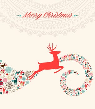 Vintage Christmas deer wave colorful elements postcard composition. EPS10 vector file organized in layers for easy editing.