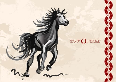 Chinese New Year of horse 2014 ink brush painting over grunge background. EPS10 vector file with transparency layers.