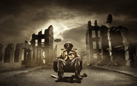 Post apocalyptic survivor in gas mask, destroyed city in the background
