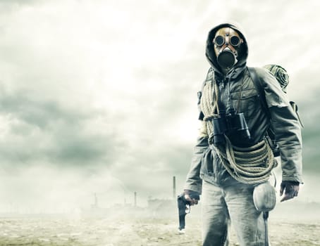 Environmental disaster. Post apocalyptic survivor in gas mask