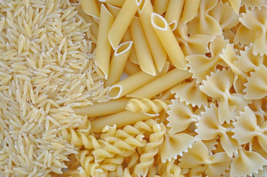 Risoni, penne, farfalle and fusilli. Italian cuisine pasta food varieties background.