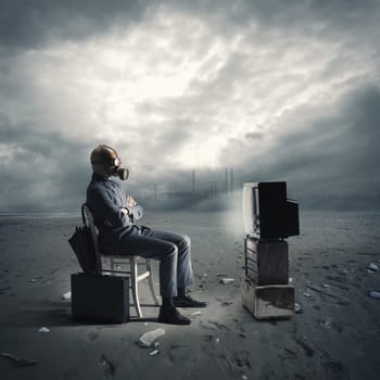 businessman with gas mask watching TV