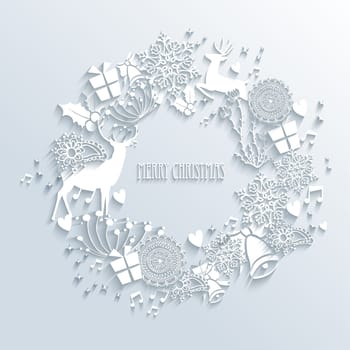 Merry Christmas contemporary wreath made with 3d season white elements. EPS10 vector illustration with transparency layers.