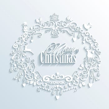 Merry Christmas and Happy new year contemporary white ornamental wreath greeting card design. EPS10 vector illustration with transparency layers.
